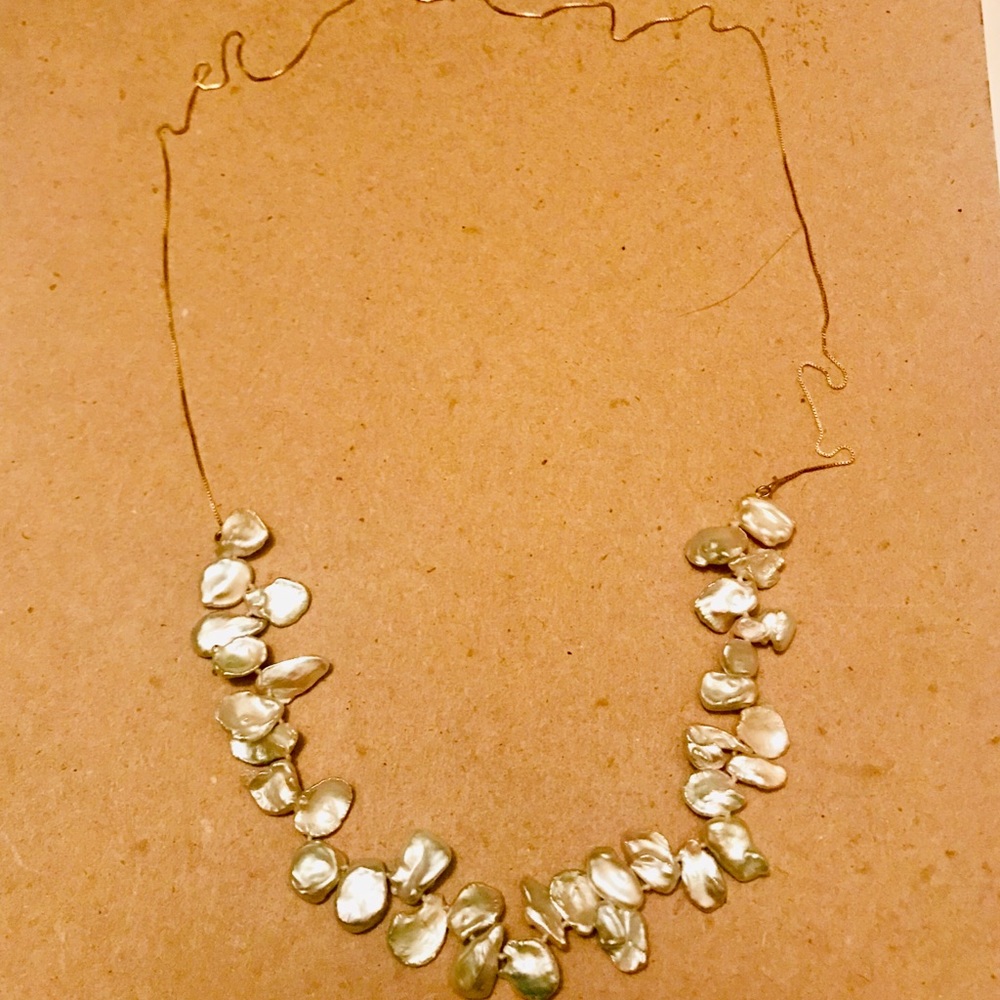 Keshi Pearl Necklace w 14ky box chain 26 inch long